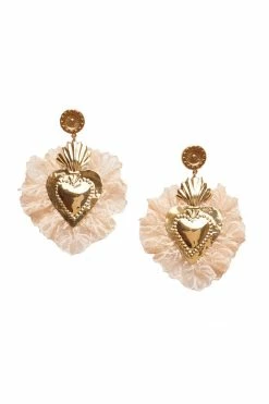 LSF LoveShackFancy X Lova Gold Heart Beige Lace Fringe Earrings